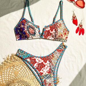 SHEIN Red and White Bikini Set with Triangle Top